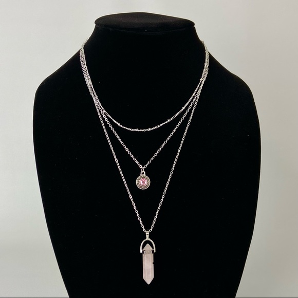 Bohemian Silver Pink Crystal Pendant Layered Chain Necklace - Picture 2 of 5